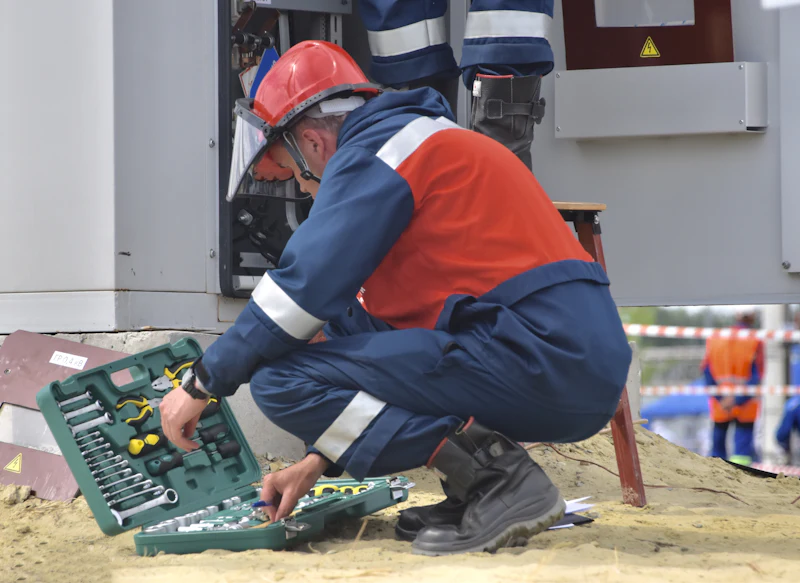 Instalador con equipo de seguridad trabajando en obra